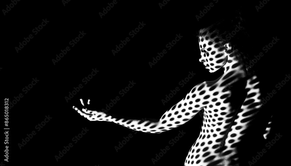 Fototapeta premium A woman poses with a polka dot pattern projected onto her body. The photo is in black and white, creating a stark contrast between the womans form and the light pattern.