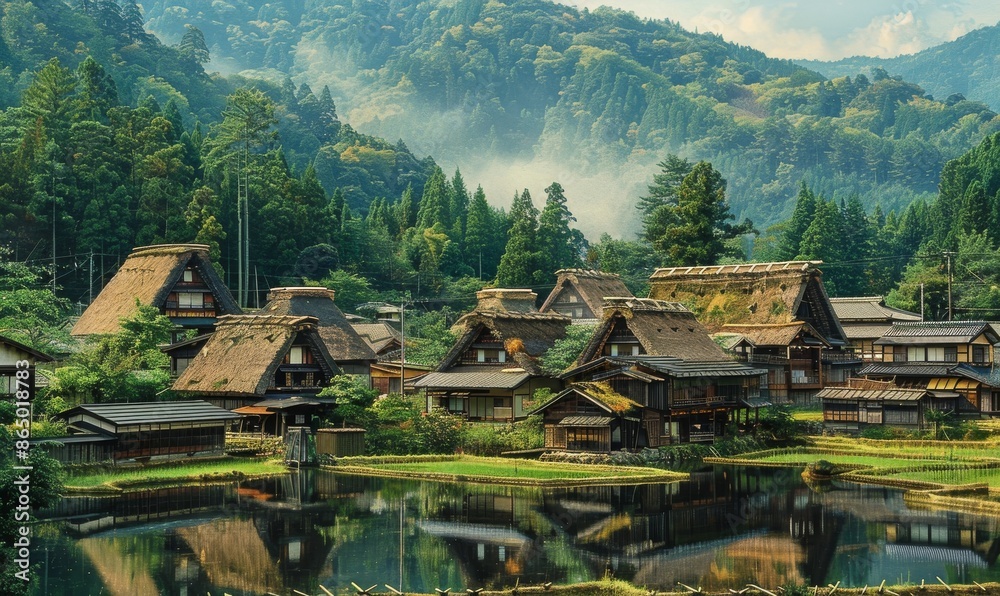 Fototapeta premium picturesque scene of the Japanese countryside with thatched roof houses, lush greenery, serene lakes, traditional wooden structures, intricate carvings, and towering mountains in the background