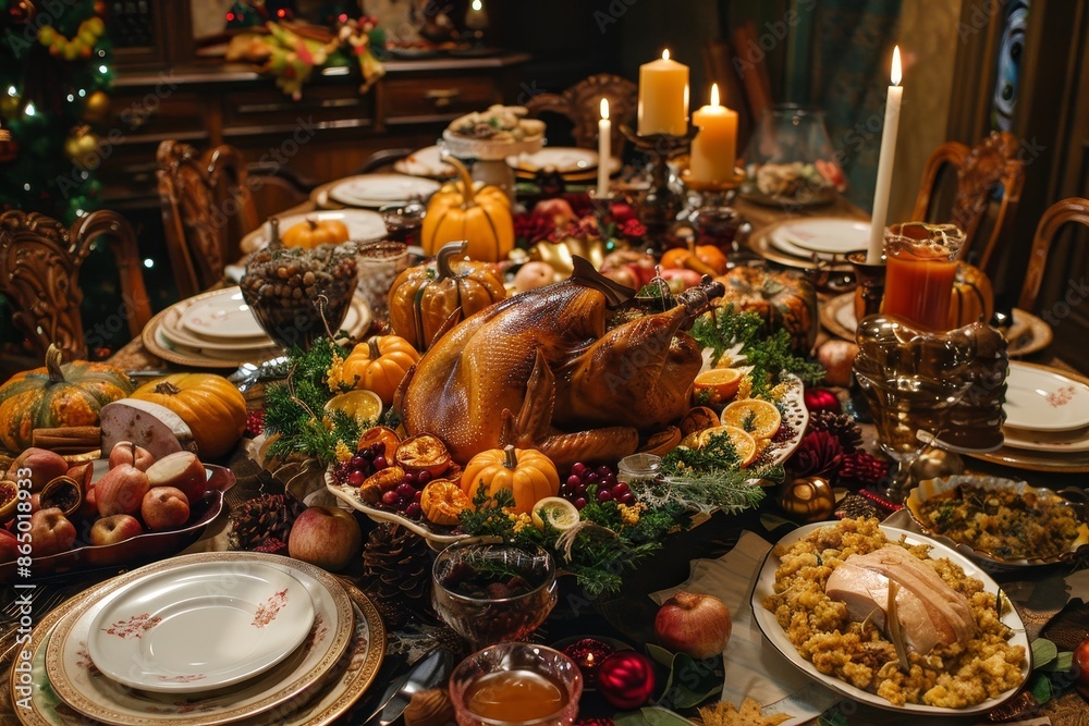 A large turkey is sitting on top of a table, A Thanksgiving feast with a table filled with delicious food and decorations A large turkey is sitting on top of a table, A Thanksgiving feast with a table filled with delicious food and decorations