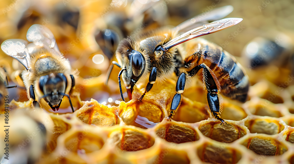 Close up Shot of - Bees on Honeycomb Close up Shot of - Bees on Honeycomb