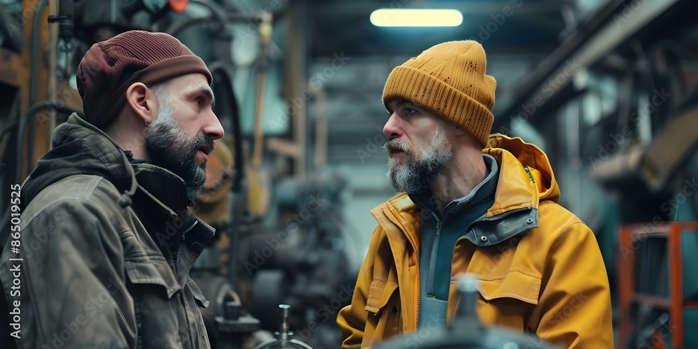 Fototapeta premium Metal worker instructing apprentice on using machinery in workshop. Concept Metalworking, Apprenticeship, Machinery Operation, Workshop Instruction