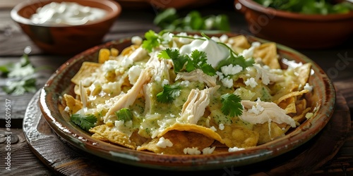 Delicious green chilaquiles with shredded chicken and crema on a rustic plate. Concept Mexican Cuisine, Green Chilaquiles, Shredded Chicken, Crema, Rustic Presentation