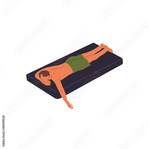 Abstract man sunbathing, floating on inflatable mattress on summer vacations. Boy in swimsuit lying on pool raft on sea, ocean. People relax on water. Flat isolated vector illustration on white