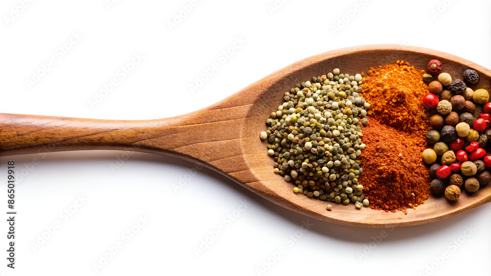 mix of spices in wooden spoon isolated on a white background with copy space for your text. Top view. Flat lay. Set or collection mix of spices in wooden spoon isolated on a white background with copy space for your text. Top view. Flat lay. Set or collection