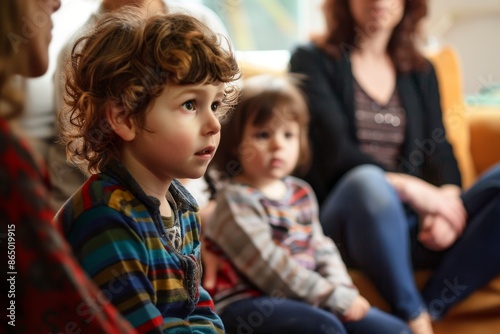 Therapist listens to child in group sitting scene, A therapist listening intently to a young child as the rest of the family looks on