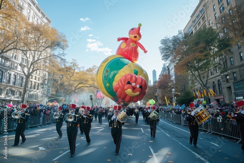 A parade featuring a large balloon with a giraffe floating down the street among festive participants, A Thanksgiving parade with giant balloons and marching bands