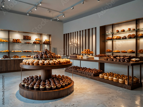 An inviting bakery displays an array of delightful desserts including cakes and muffins, each beautifully presented on circular stands; the warm, well-lit space exudes a welcoming atmosphere. photo