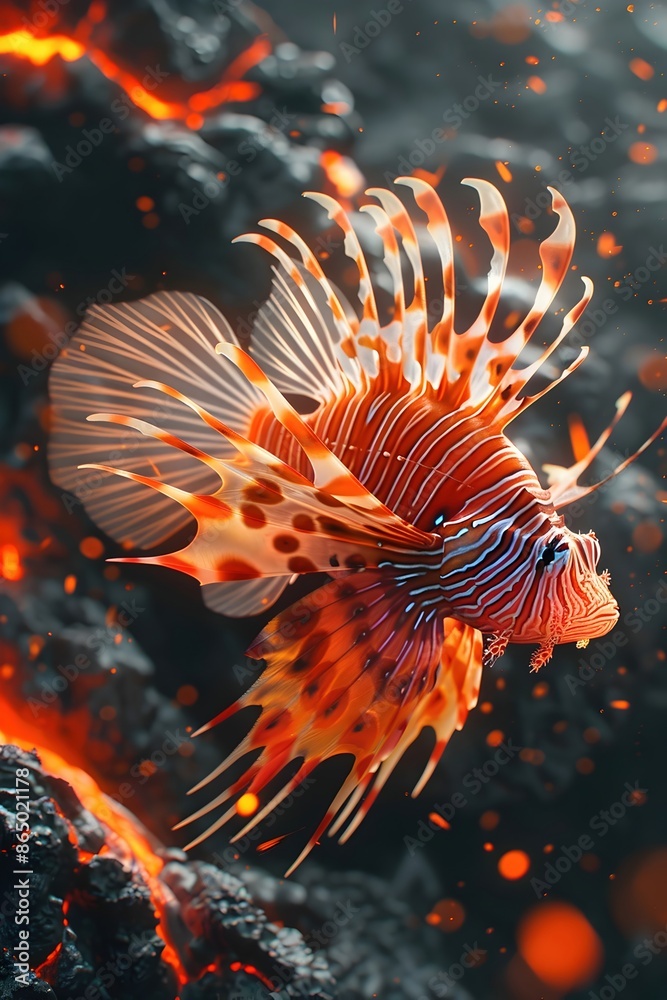 Solitary Lionfish Drifting Through Shimmering Volcanic Waves in Watercolor Ukiyo-e Inspired Style Solitary Lionfish Drifting Through Shimmering Volcanic Waves in Watercolor Ukiyo-e Inspired Style