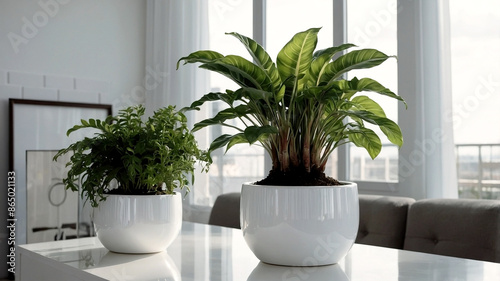plants on a white plant pot in a condominium, growing plants in a Modern Condominium, eco, green plants, Nature in a City life, close-up plants in a white condominium. © KII06.396
