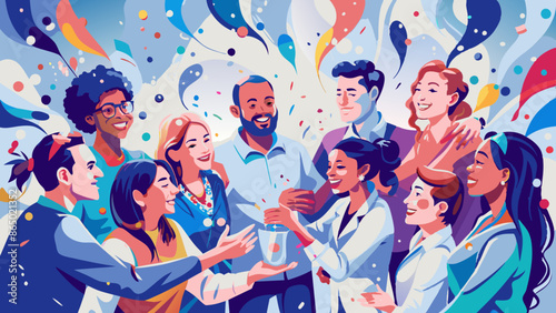 Diverse Group of People Celebrating with Confetti and Balloons