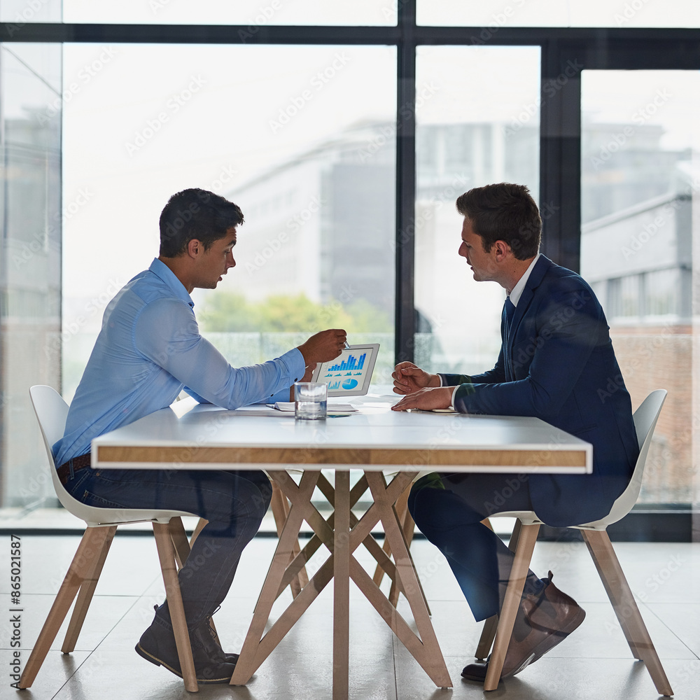 Meeting, tablet screen and business people at table for charts, statistics or discussion in office. Corporate, online and employees with graphs for performance review, company growth or feedback