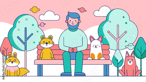 Cheerful Man Relaxing on Park Bench with Cute Cartoon Animals