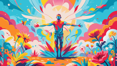 Vibrant, Modern Illustration of Man Embracing Nature's Beauty