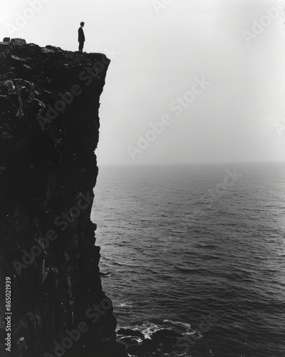 Standing on the edge of a cliff a lone silhouette gazes out at the vast expanse of the ocean. Black and white art photo