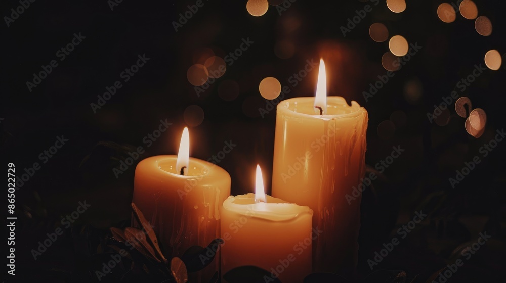 Candles illuminated against a dark backdrop Candles illuminated against a dark backdrop
