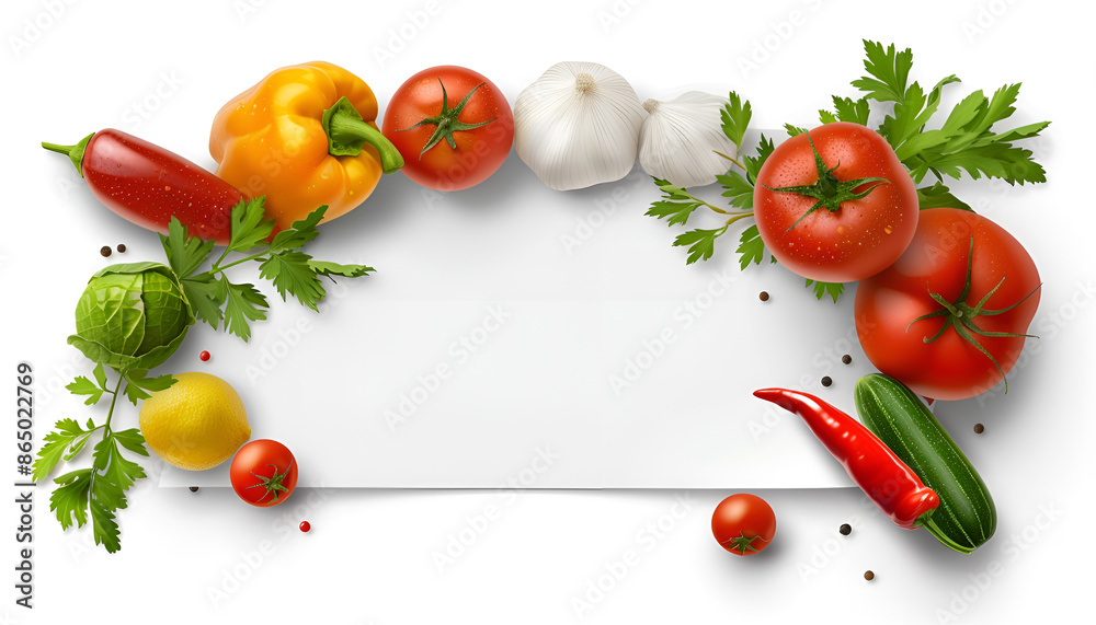 Different vegetables around white paper on wooden table background Different vegetables around white paper on wooden table background