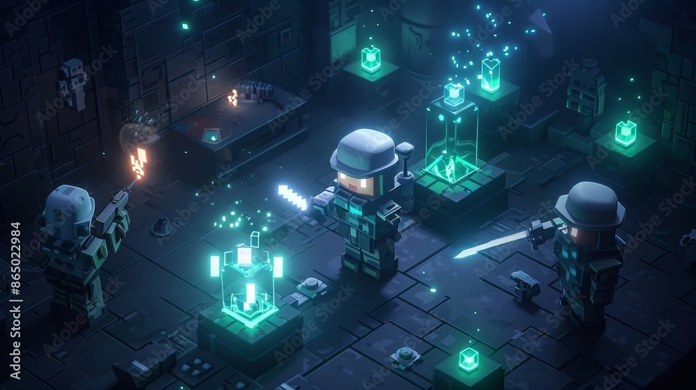 Astronauts excavate glowing crystals on mysterious alien planet. Dark, rocky landscape illuminated by ethereal green and blue light. Futuristic spacesuits with advanced technology. Astronauts excavate glowing crystals on mysterious alien planet. Dark, rocky landscape illuminated by ethereal green and blue light. Futuristic spacesuits with advanced technology.