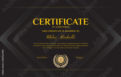 Elegant black and gold blue diploma certificate template with luxury badge and modern line pattern. For award, business, and education needs. Use for print, certificate, diploma, graduation