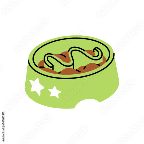 Slow feeder dog bowl with feed. Special modern plate for puppies, cats for food. Domestic animals, pets supply to care about health during meals. Flat isolated vector illustration on white background