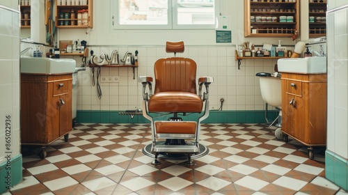 barbershop with antique barber chairs and traditional grooming tools.