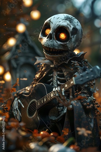 Whimsical Halloween Scene with Spooky Skeleton Guitarist and Eerie Vampire in Haunting Graveyard