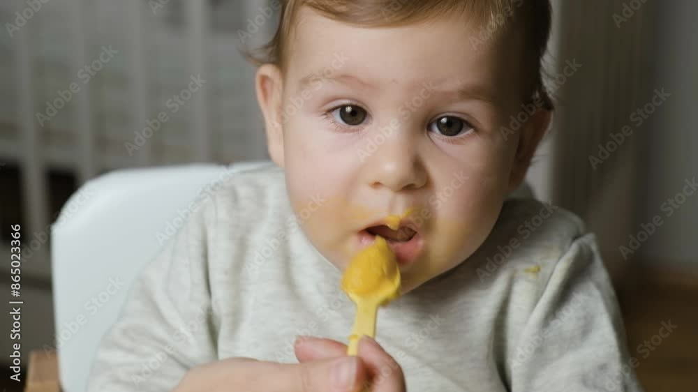Mother feeding a baby with fruit or vegetable at home Mother feeding a baby with fruit or vegetable at home