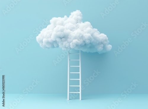 ladder leading to cloud on blue background minimal concept of success and dream, white cotton clouds in shape of ladder isolated on pastel color background