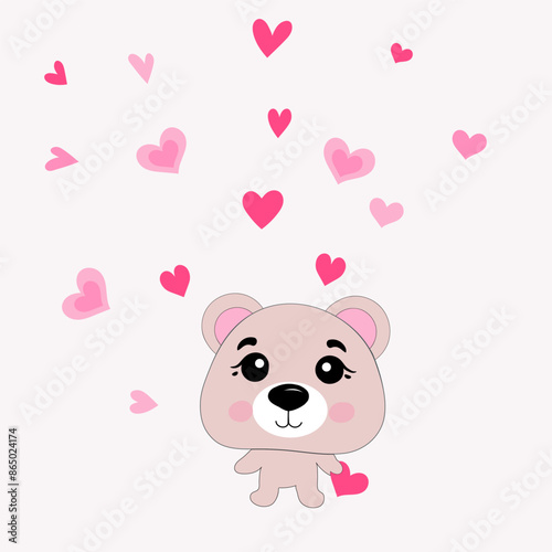 Cute plush bear holding pink heart, vector illustration