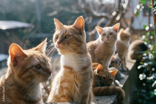 Group of orange tabby cats in a sunny setting