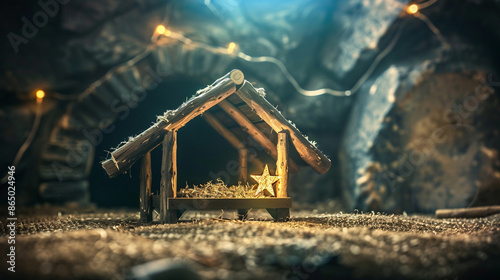 Christmas scene with empty wooden manger, star of Bethlehem in cave. Birth of Jesus Christ, nativity scene background