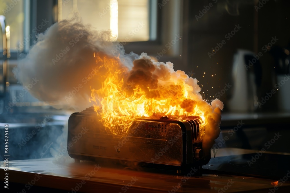 A toaster is on fire with smoke billowing out due to a malfunction, A toaster sparking and smoking from a malfunction A toaster is on fire with smoke billowing out due to a malfunction, A toaster sparking and smoking from a malfunction