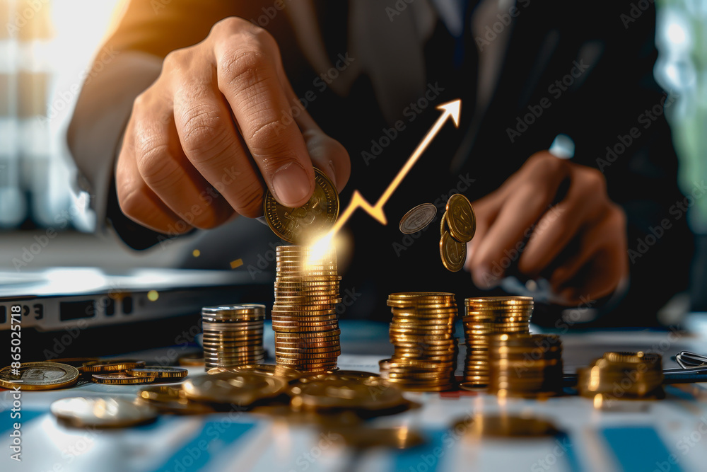 Businessman stacking glowing coins, representing financial growth and investment. Businessman stacking glowing coins, representing financial growth and investment.