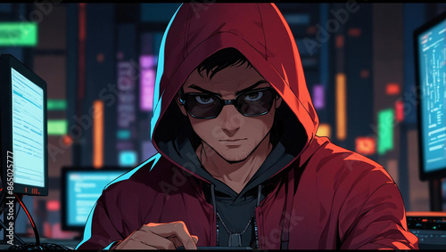 Mysterious anime cartoon gangster hacker spy breaking code phishing computer datum cybercrime