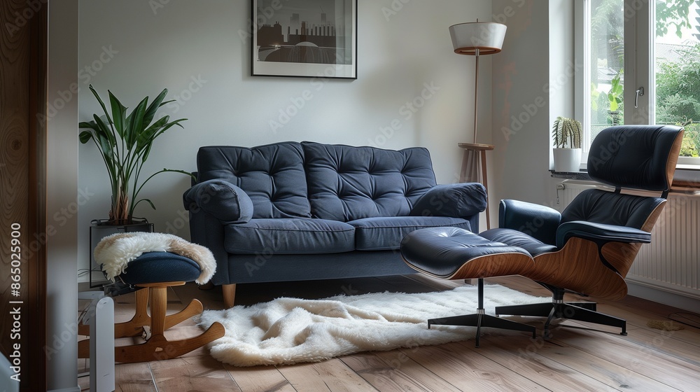 A Scandinavian living room with a dark blue sofa, a recliner chair, and a cozy, sheepskin rug on the floor, adding softness to the decor A Scandinavian living room with a dark blue sofa, a recliner chair, and a cozy, sheepskin rug on the floor, adding softness to the decor