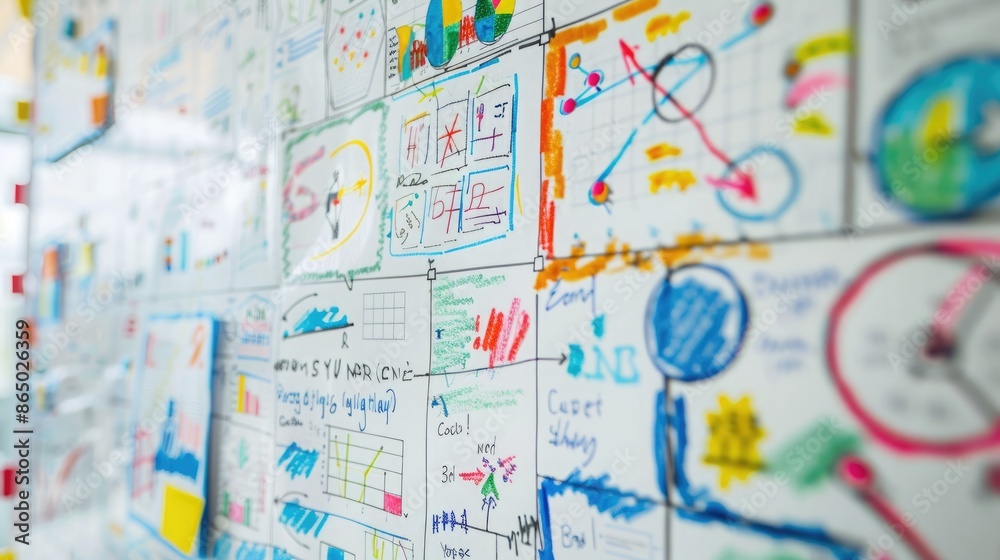 A detailed shot of a whiteboard filled with flowcharts, diagrams, and business plans, representing strategic planning and project management A detailed shot of a whiteboard filled with flowcharts, diagrams, and business plans, representing strategic planning and project management