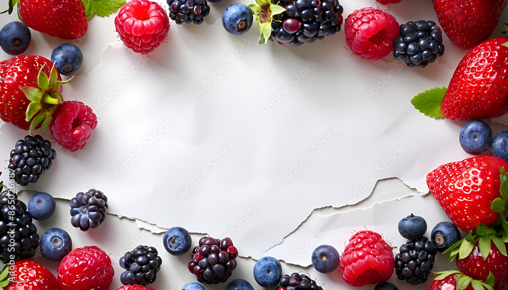 Various fresh summer berries around paper on white wooden table. Top view Various fresh summer berries around paper on white wooden table. Top view