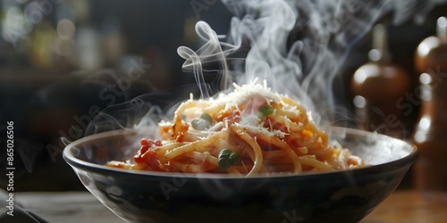 Photographing Steam Rising from a Bowl of Spaghetti Marinara with Parmesan. Concept Food Photography, Steamy Spaghetti, Italian Cuisine, Culinary Art, Food Styling