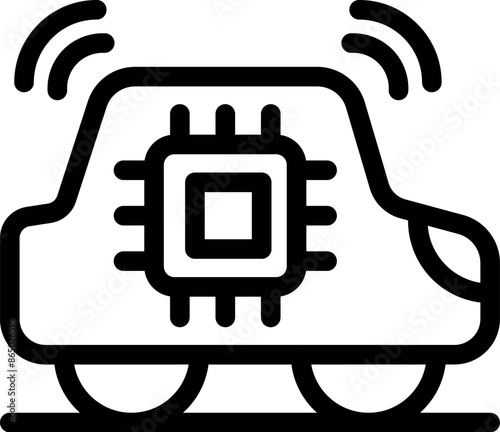 Outline icon of a self driving car using ai and emitting a wireless signal