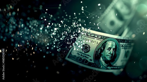 One hundred dollar bill disintegrates into particles showcasing financial loss concept. Digital art conveys monetary and economic themes with a surreal and dramatic style. AI photo