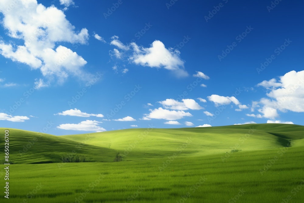 A beautiful summer or spring landscape with green grass on the hills and green fields. The blue sky is filled with white clouds and bright sunlight. Nature as a background. A beautiful summer or spring landscape with green grass on the hills and green fields. The blue sky is filled with white clouds and bright sunlight. Nature as a background.