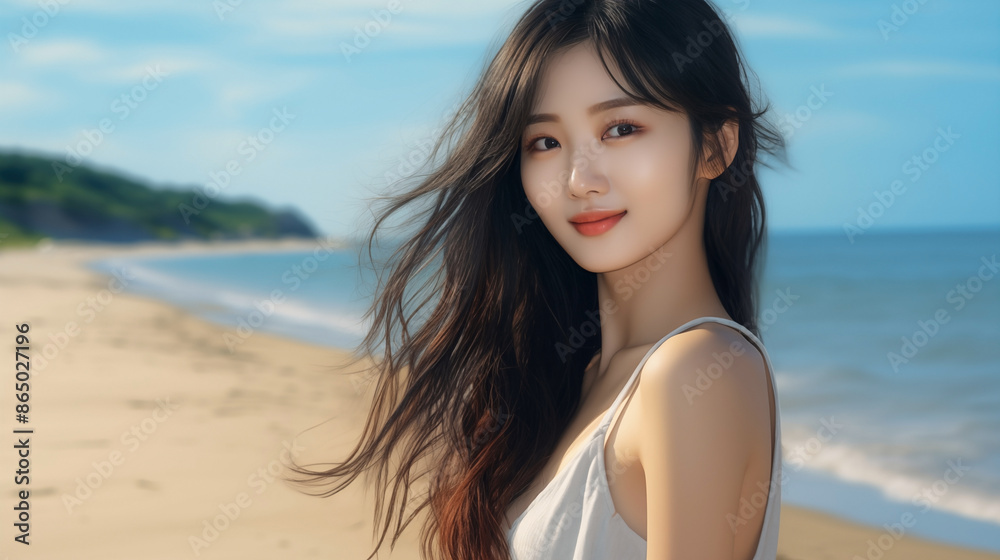 Elegant Portrait of a Woman on a Serene Beach
Elegant Portrait of a Woman on a Serene Beach