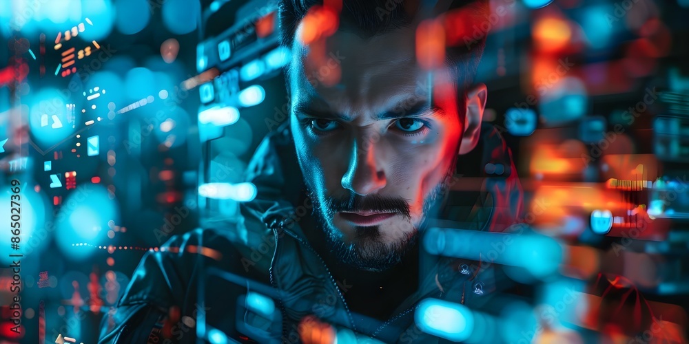 Cyberpunk Hacker An Illustration in a Futuristic Environment with Holographic Interfaces. Concept Illustration, Cyberpunk, Hacker, Futuristic Environment, Holographic Interfaces Cyberpunk Hacker An Illustration in a Futuristic Environment with Holographic Interfaces. Concept Illustration, Cyberpunk, Hacker, Futuristic Environment, Holographic Interfaces