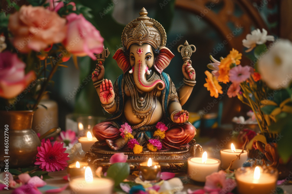 Fototapeta premium Colorful lord ganesha sclupture with lights and bokeh background