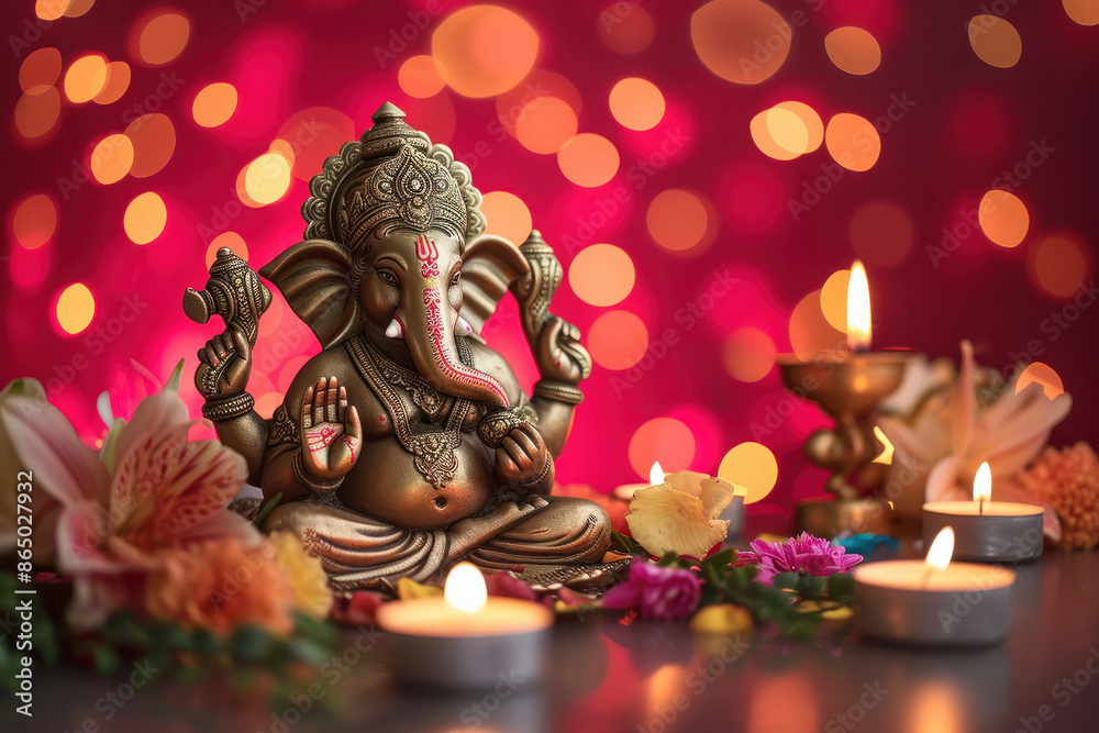 Fototapeta premium Colorful lord ganesha sclupture with lights and bokeh background