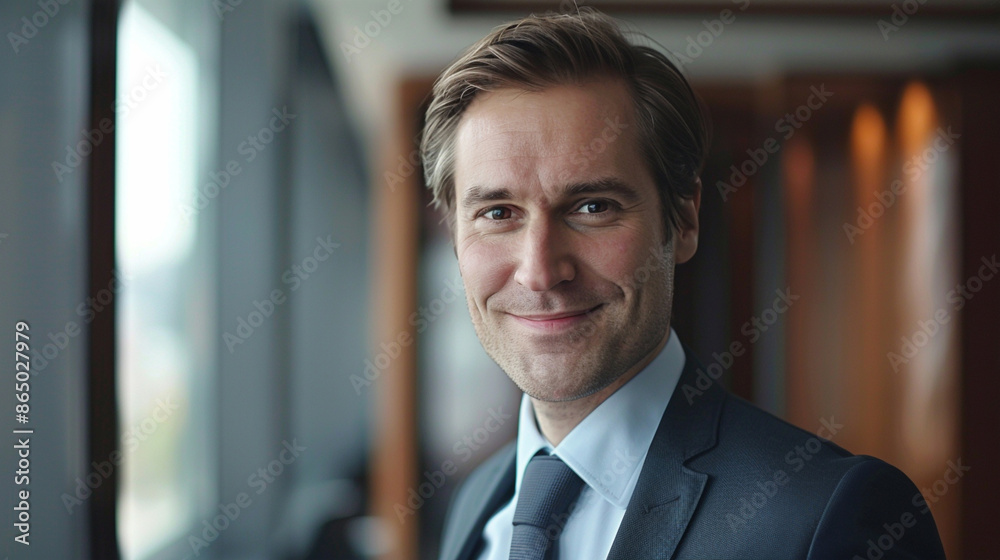 Fototapeta premium Confident portrait of businessman smilling in a suit in the office