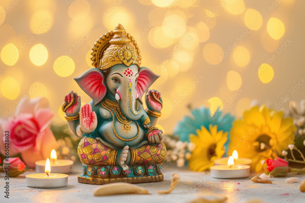 Obraz premium Colorful lord ganesha sclupture with lights and bokeh background