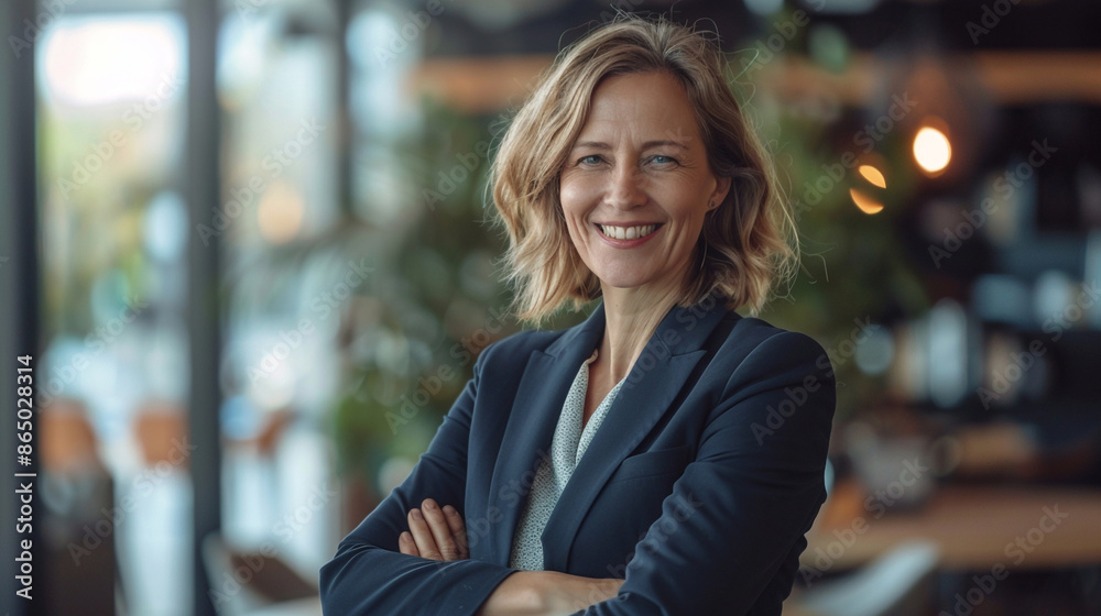 Naklejka premium Confident portrait of middle aged business woman smilling in a suit in the office