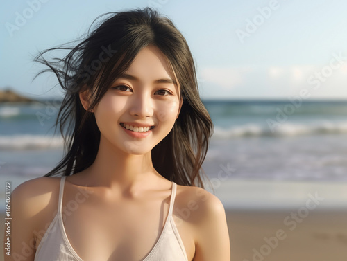 Smiling Woman Standing on a Sunny Beach 