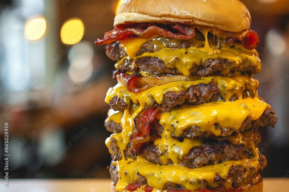 Multiple cheeseburgers stacked on top of each other, creating a ...