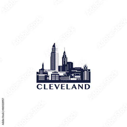Cleveland skyline, downtown panorama logo, logotype. USA, Ohio state monochrome badge, contour sticker, isolated vector horizon pictogram with skyscrapers